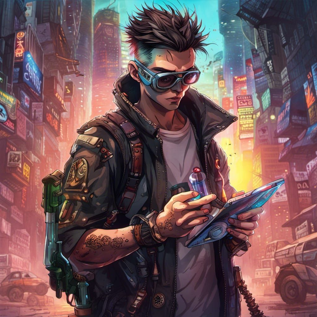 Cyberpunk Man with Test Tube in Comic Book Style