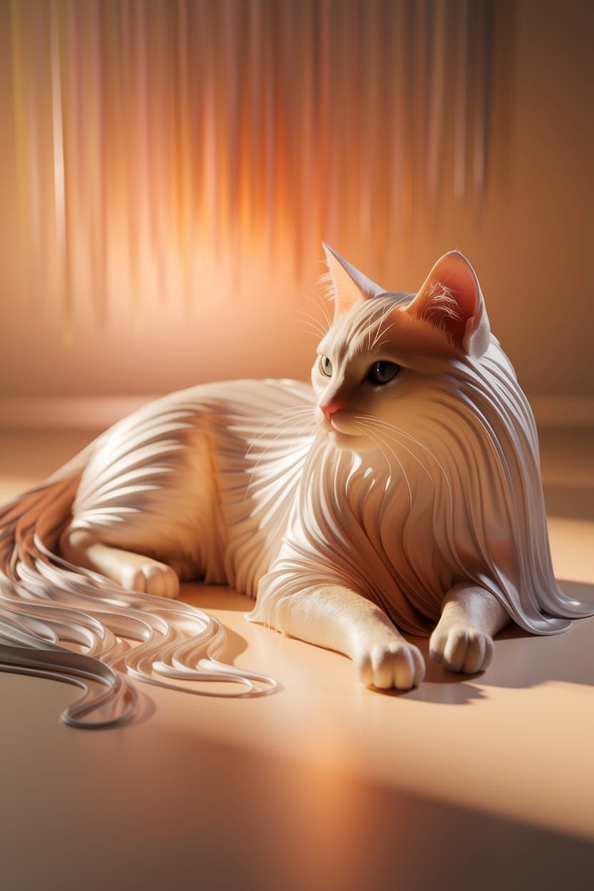 Softly Lit Cat in Ethereal Silk Fur, Warm Pastel Background
