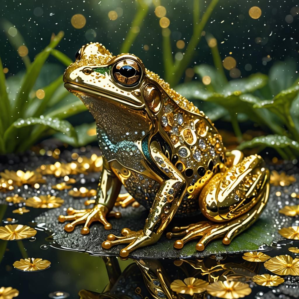 Golden Frog Glittering Like Diamonds: Mixed Media Art