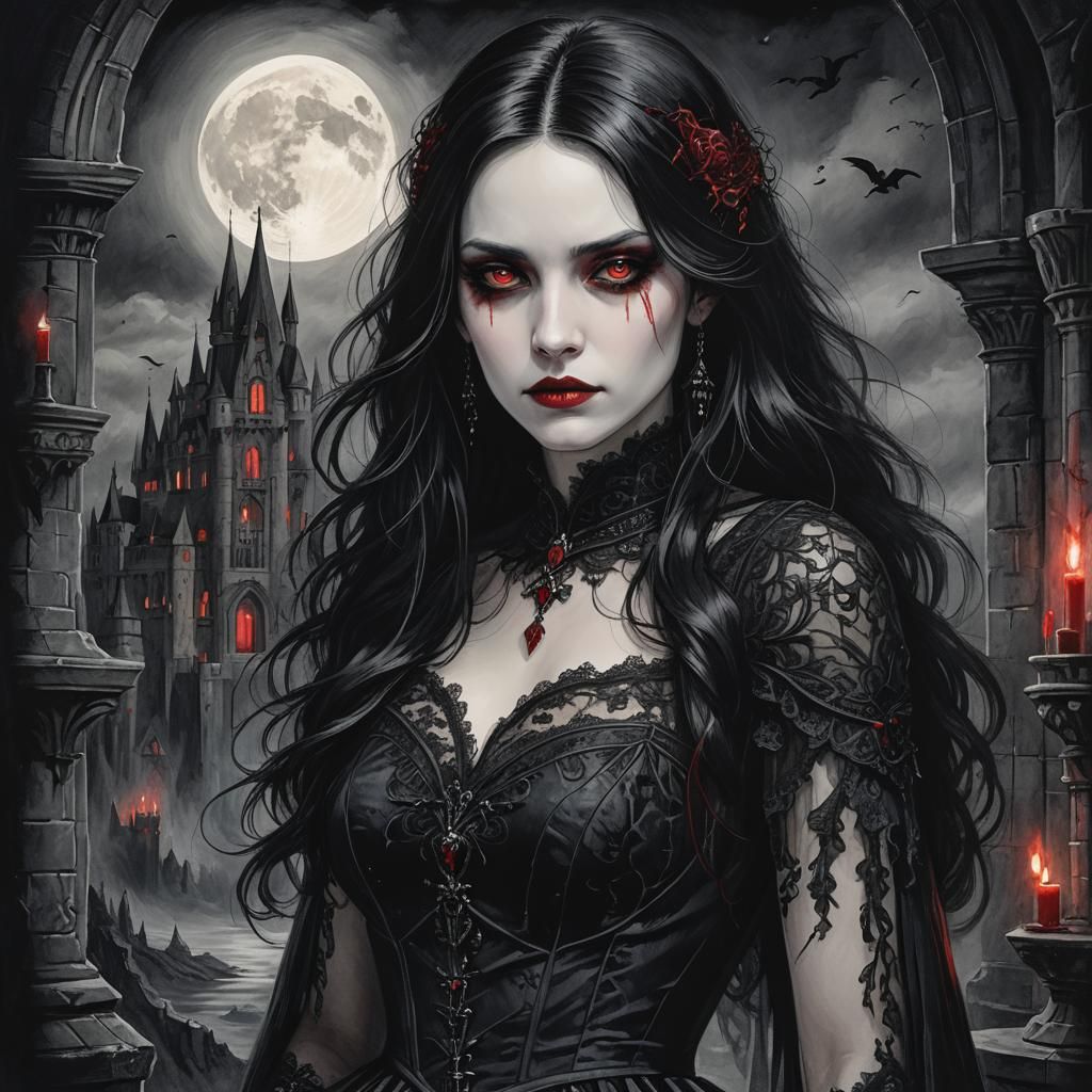 Gothic vampire queen, raven black hair, blood-red eyes, pale...