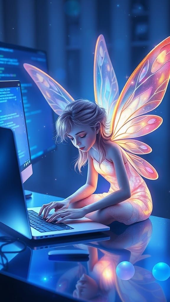 Whimsical Fairy Coding on Laptop in Blue Light