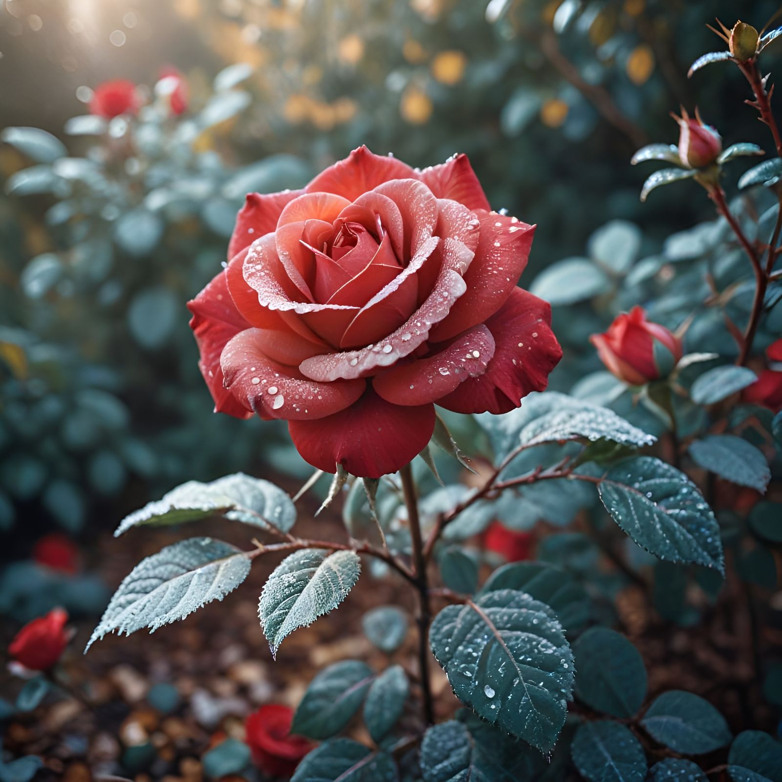 Autumn Rose with Frost Crystals in Cinematic Garden
