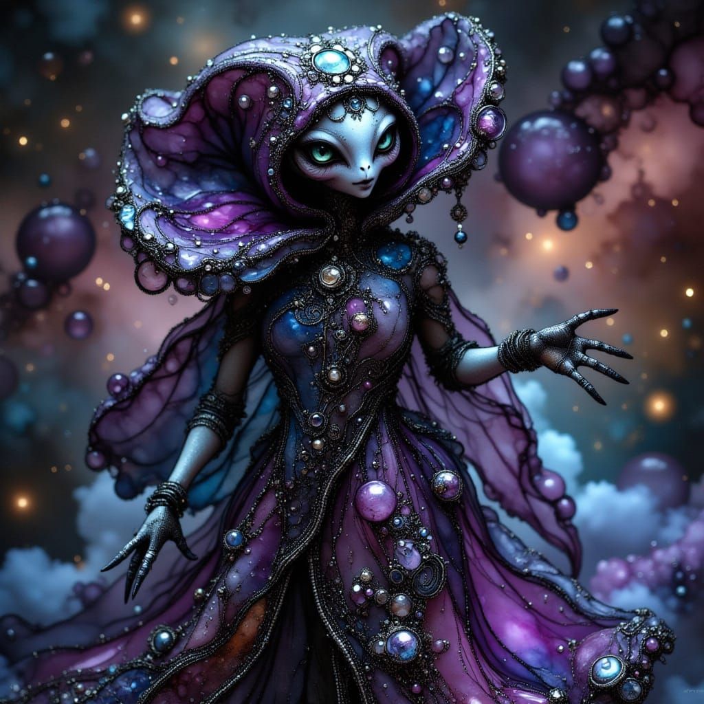 Alien in Luminous Void Chic Attire Shimmers like Liquefied N...