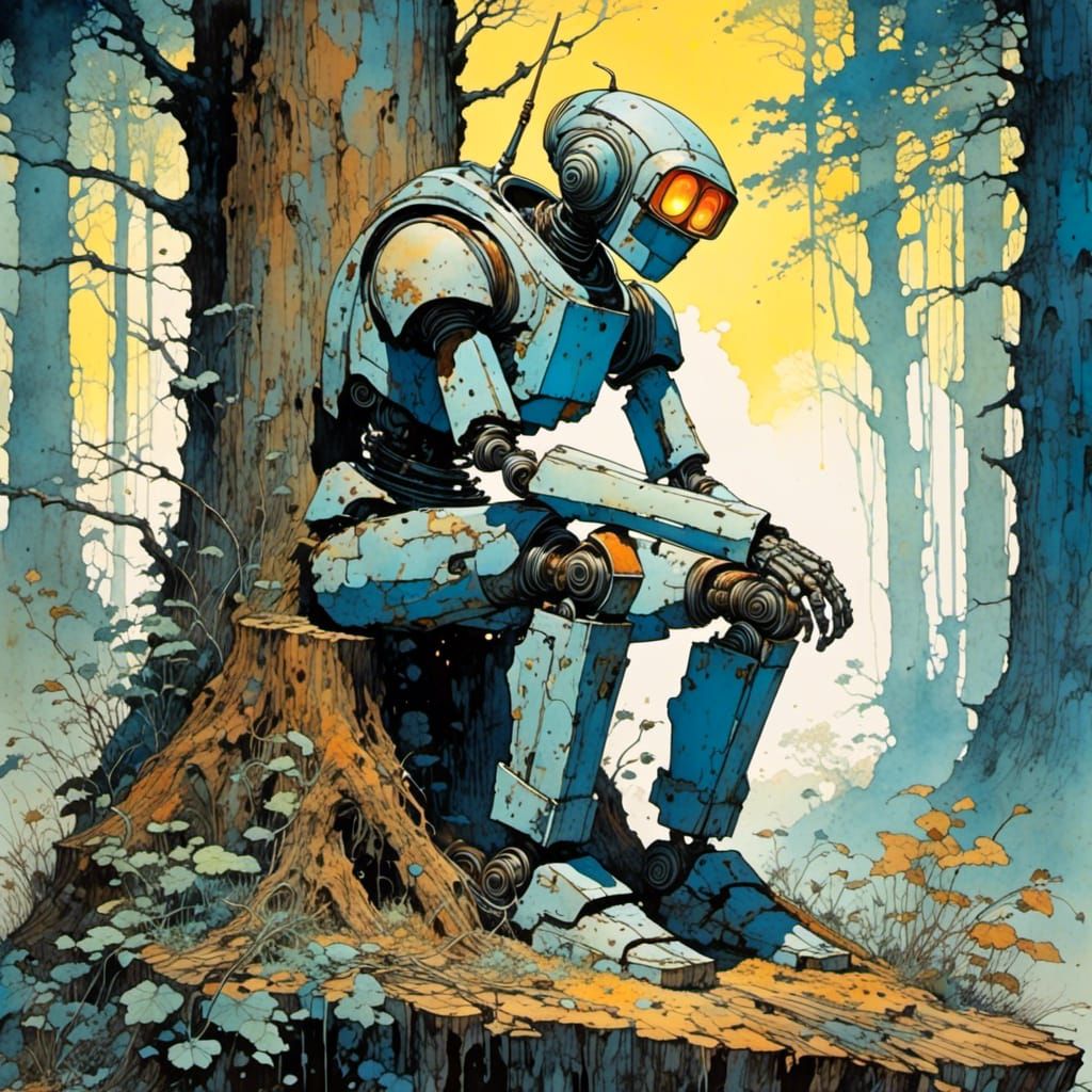 <lora:Goblin Ink:1.0>retro anime cyberpunk robot, retro styl...