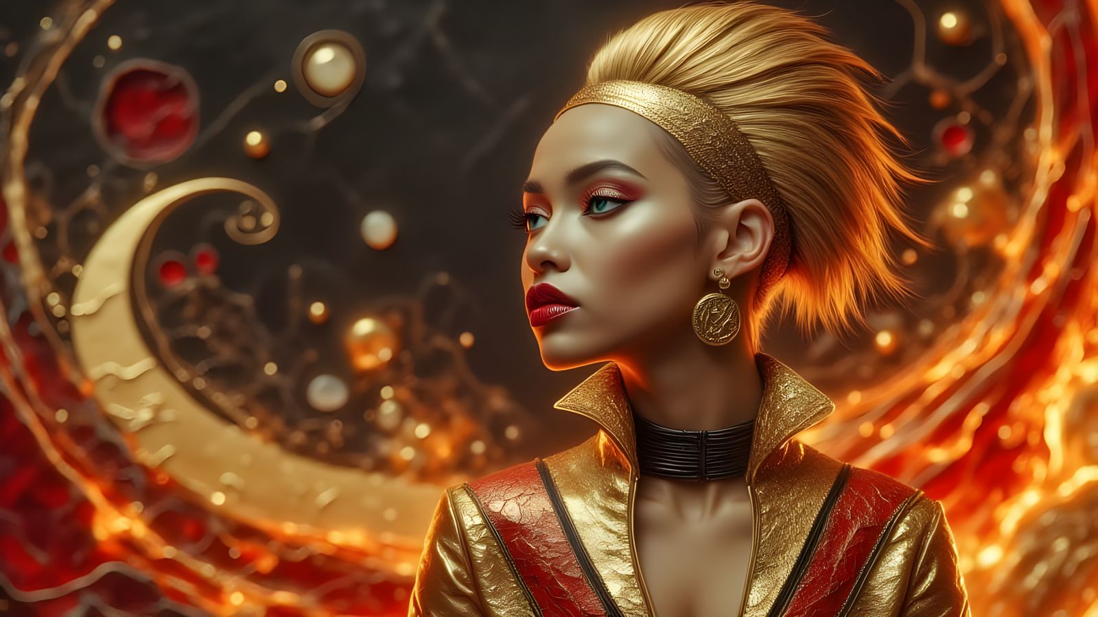Golden Mohawk Woman Amid Inferno in Detailed Matte Painting