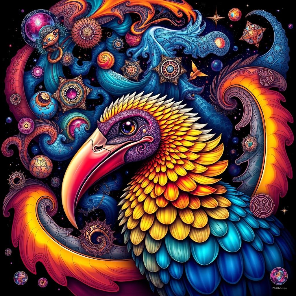 Vibrant Dodo Bird with Abstract Fractal Designs