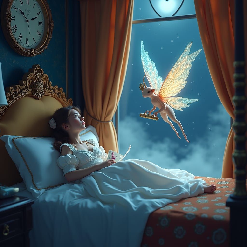 Girl and Fairy at Midnight in Dreamlike Matte Painting