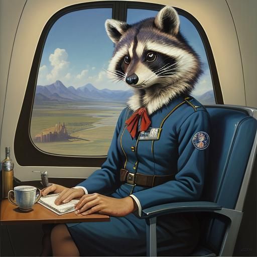 Raccoon Stewardess in Oil Painting Style