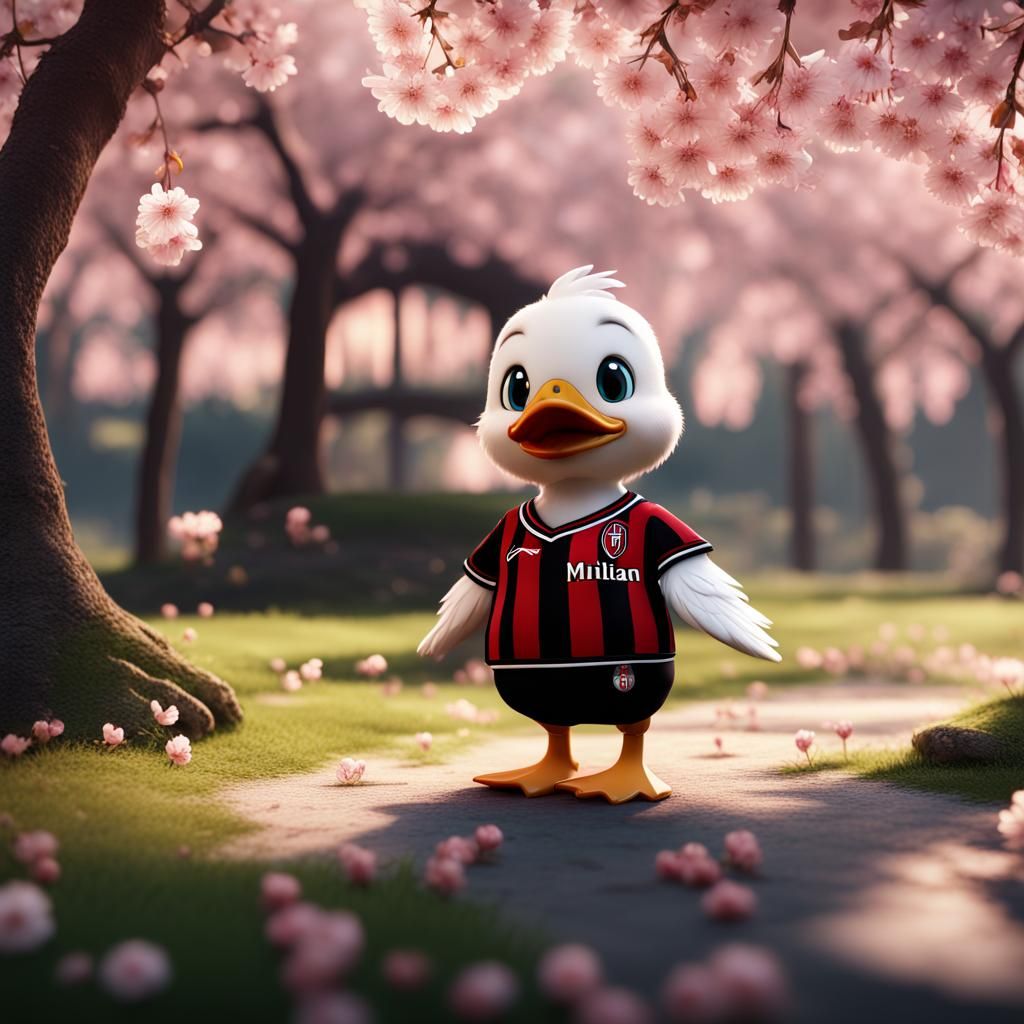 Duck in AC Milan Shirt Among Cherry Blossoms