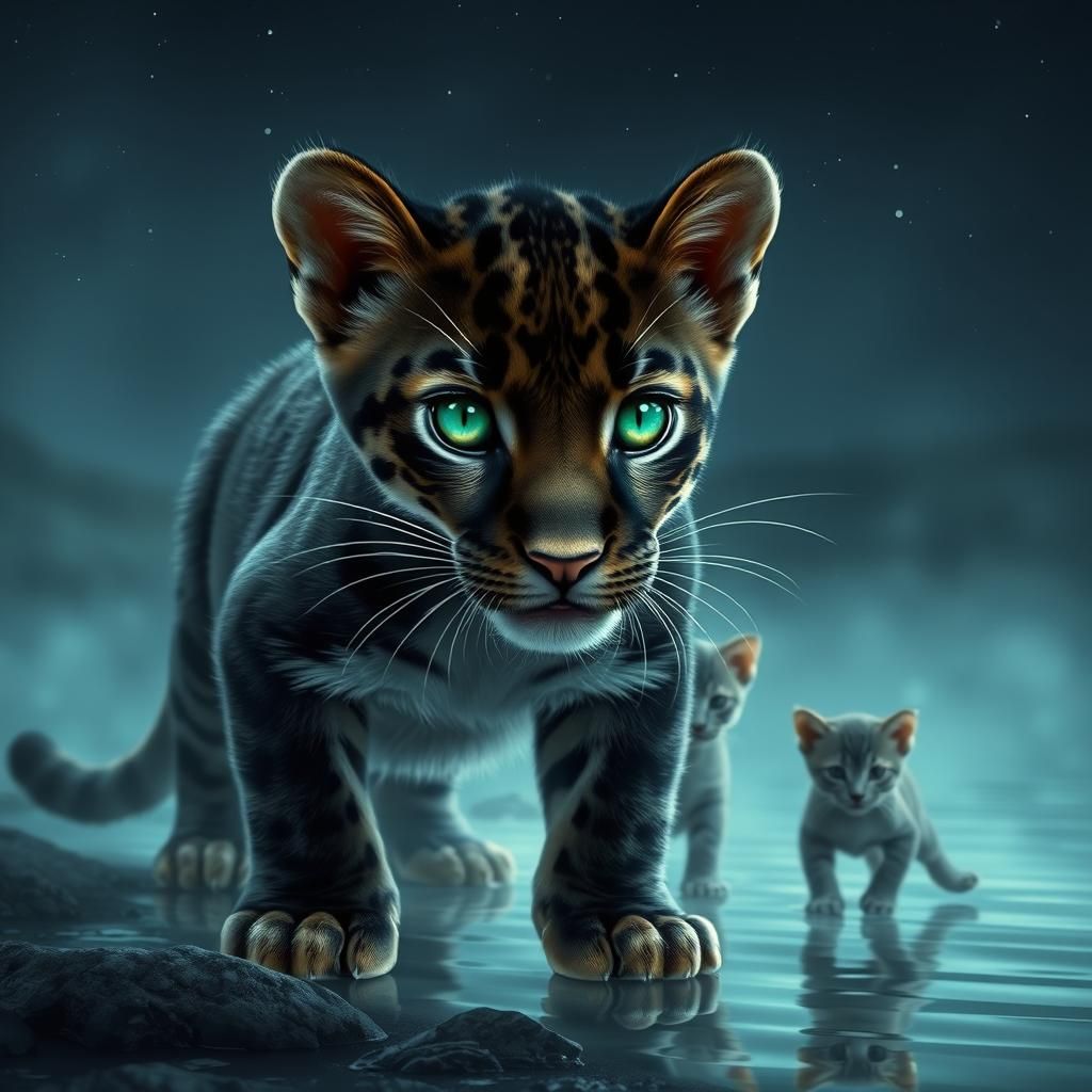 Emerald-Eyed Panther Cub by a Cosmic River