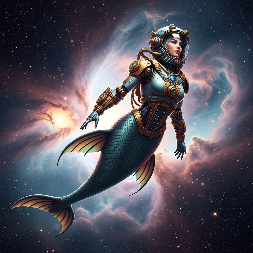 Steampunk Robotic Mermaid Soars Through Nebula