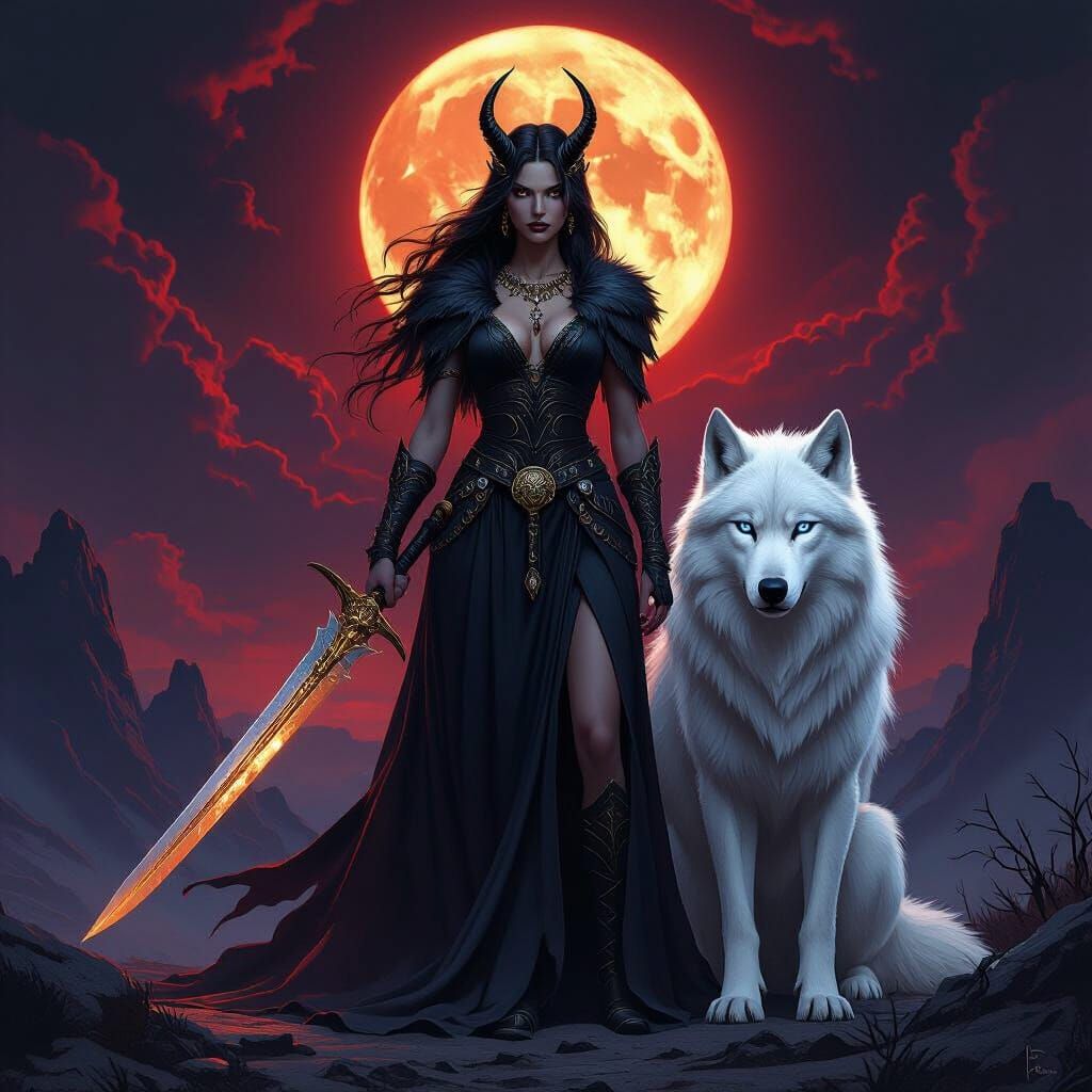 Hel Goddess of Underworld in Helheim with White Wolf