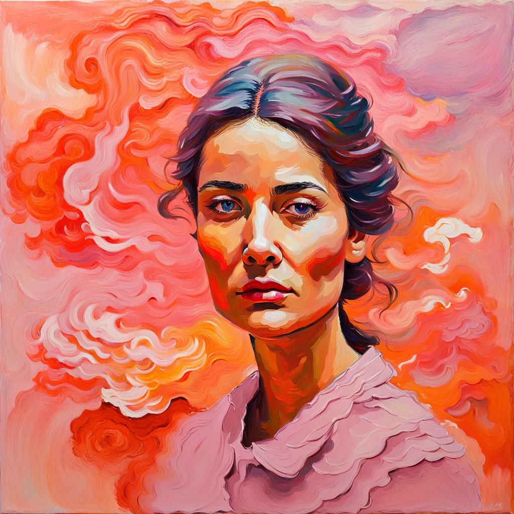 Woman in Orange Smoke: Neo-Impressionist Acrylic Painting