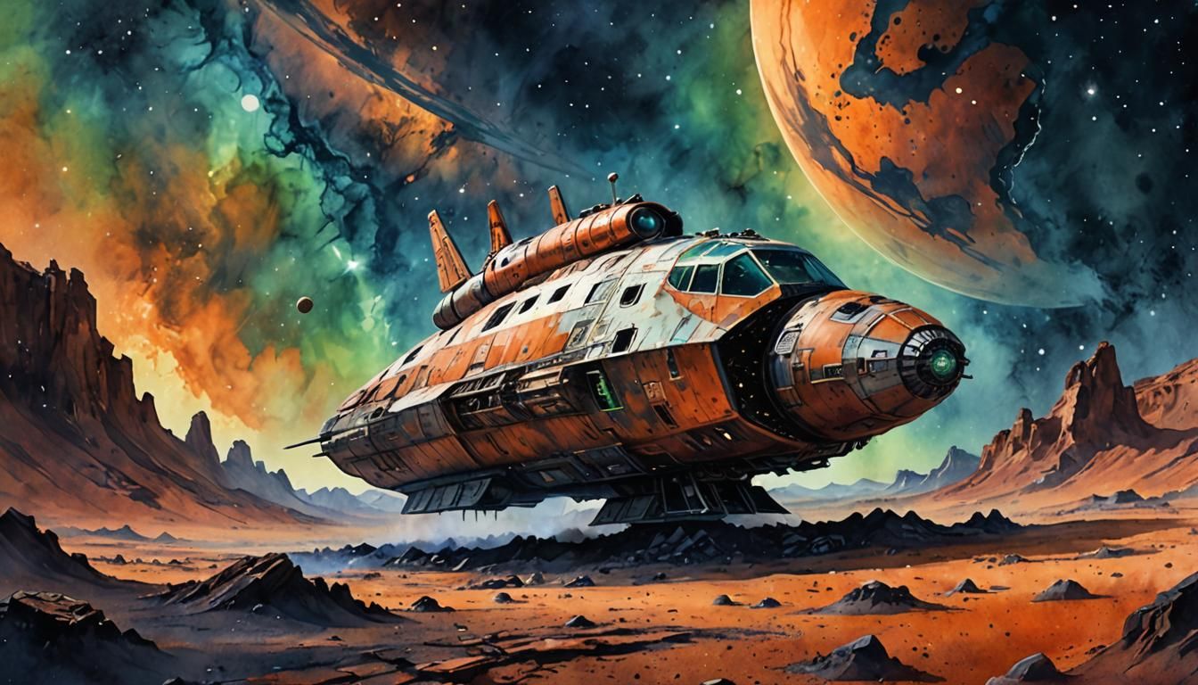 Watercolor Spaceship on Alien Planet with Nebula