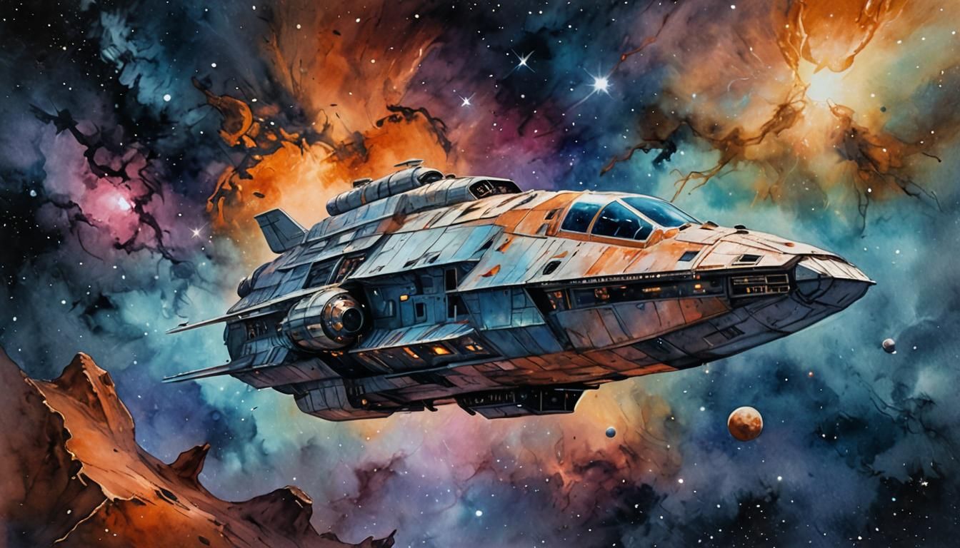 Old Spaceship in Galactic Nebula: Watercolor Art