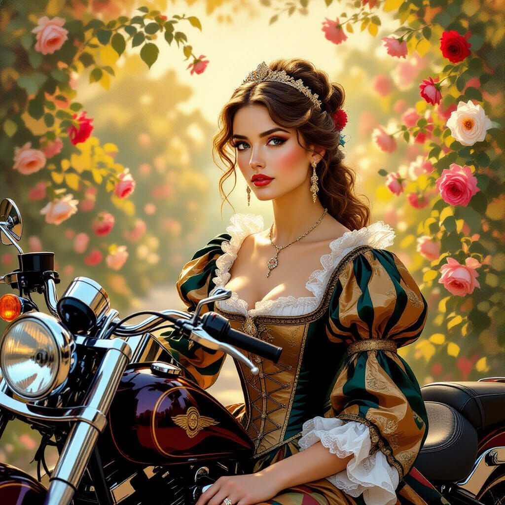 Renaissance Woman and Motorcycle in Golden Hour Garden