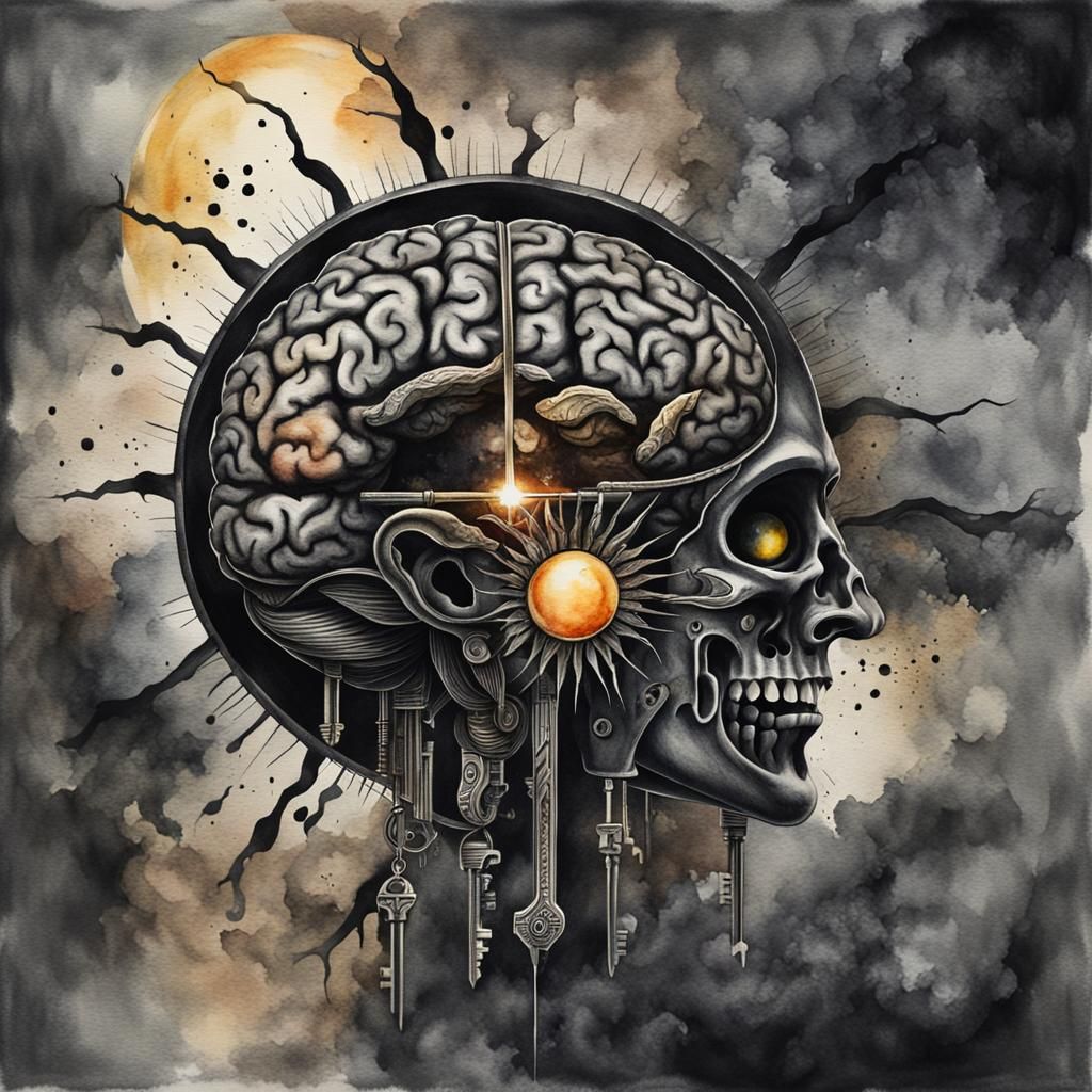 Fantastic Brain Key Against Black Sun in Watercolor