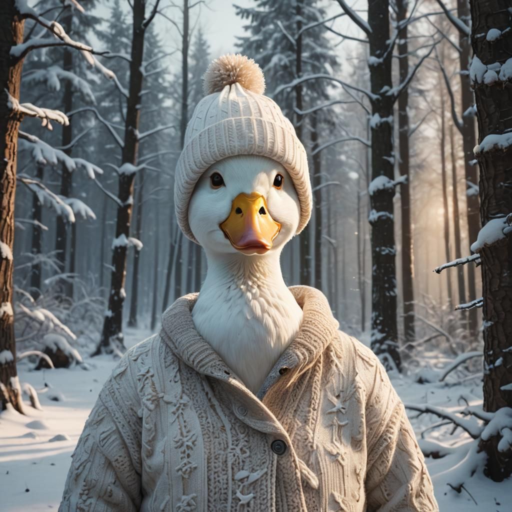 Duck in Winter Hat in Snowy Forest