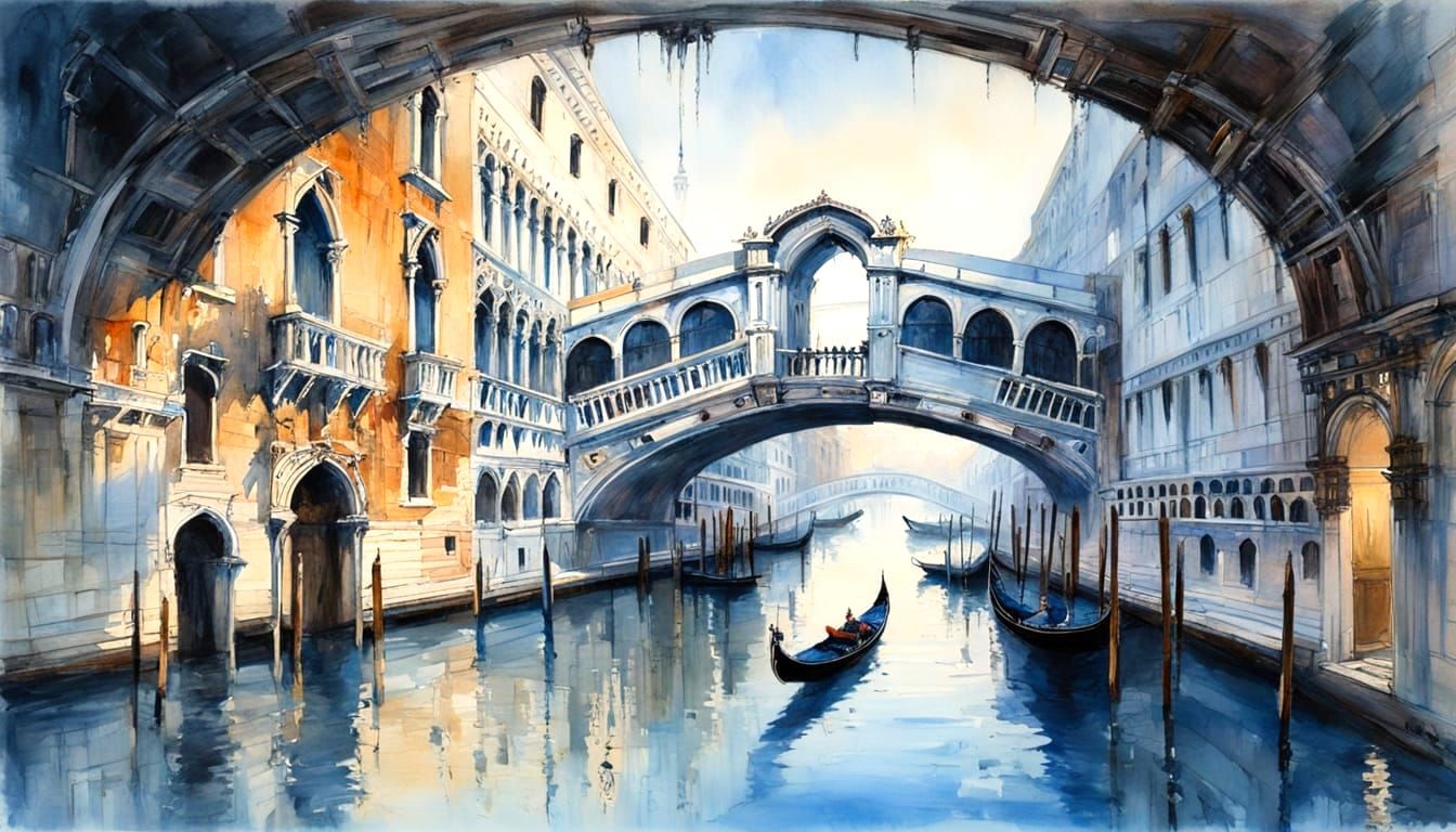 Venice's Bridge of Sighs in Atmospheric Watercolour Style