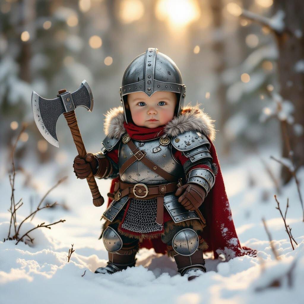 Baby Viking Warrior in Snowy Forest, Digital Art