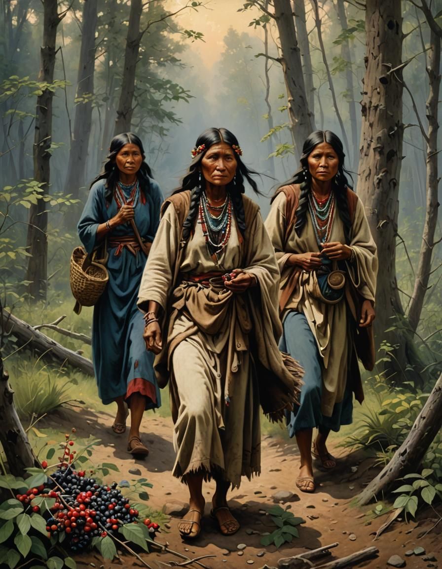 Native American Women Gathering Berries as Oil Painting