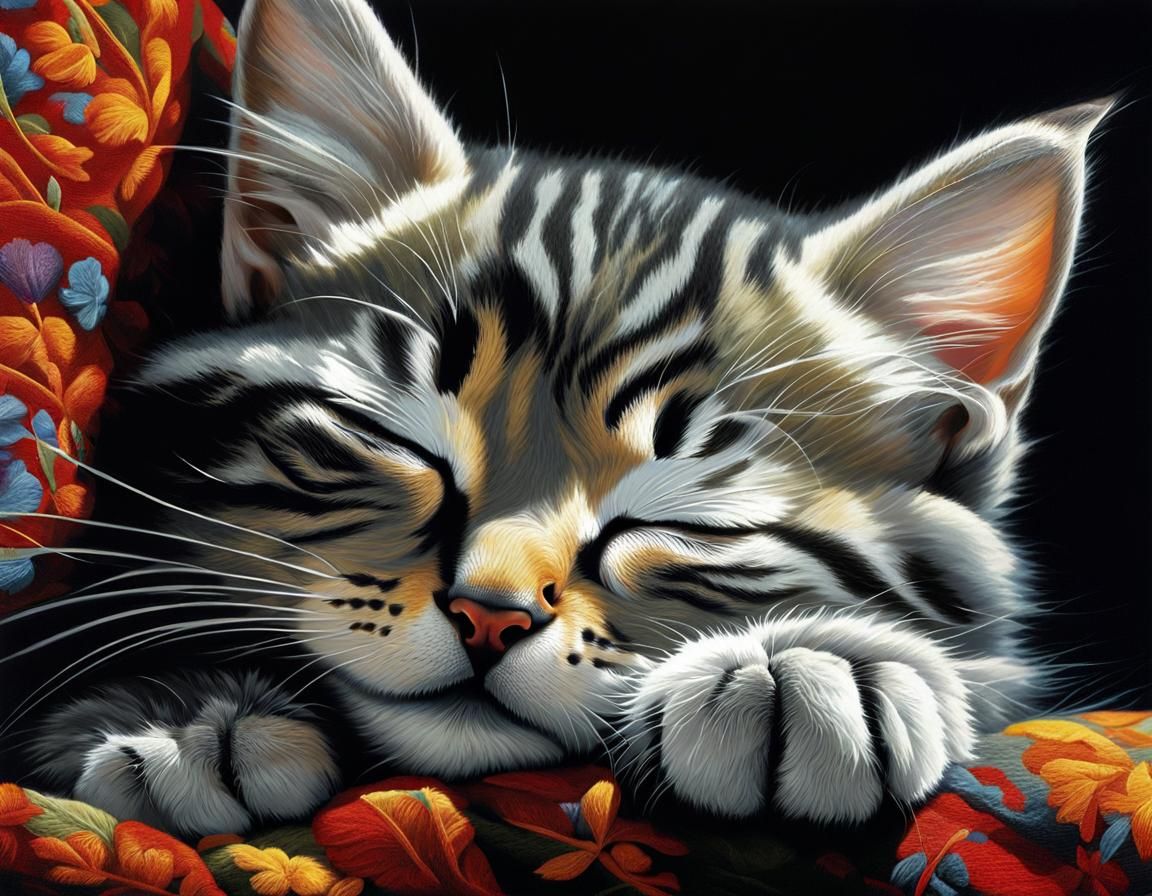 Hyperrealistic Portrait of Sleeping Tabby Kitten