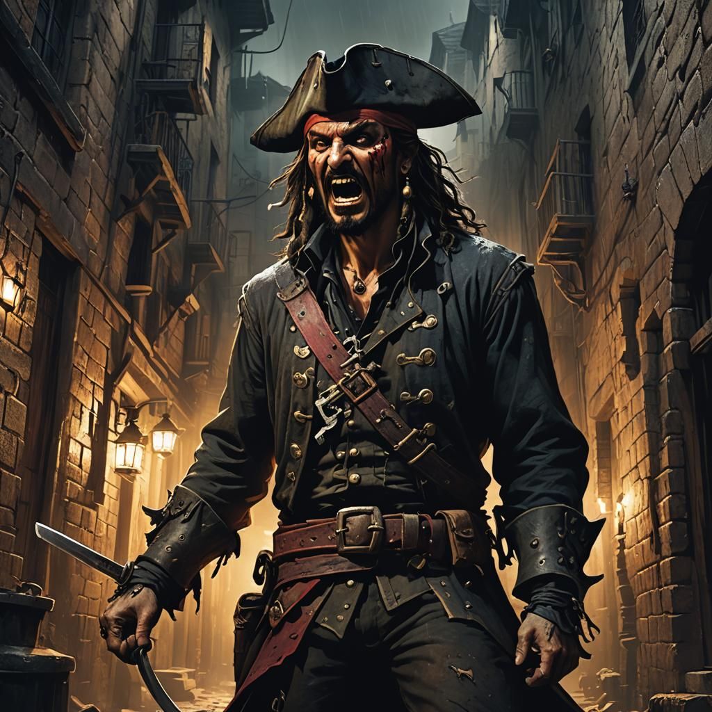 Swashbuckling Pirate Shouting in Dark Alleyway