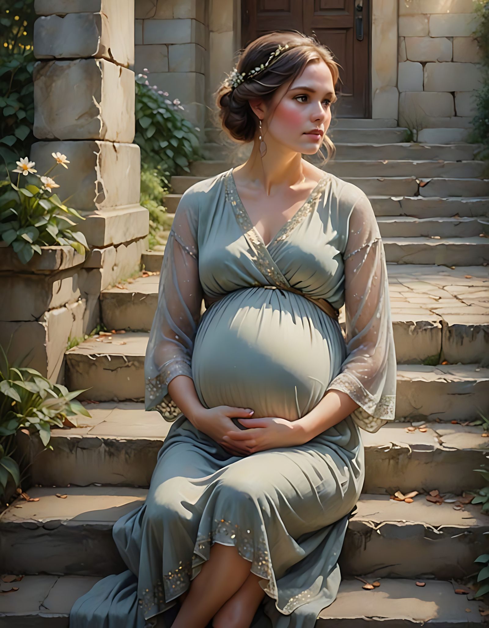 Radiant Pregnant Woman on Stone Steps in Painterly Style