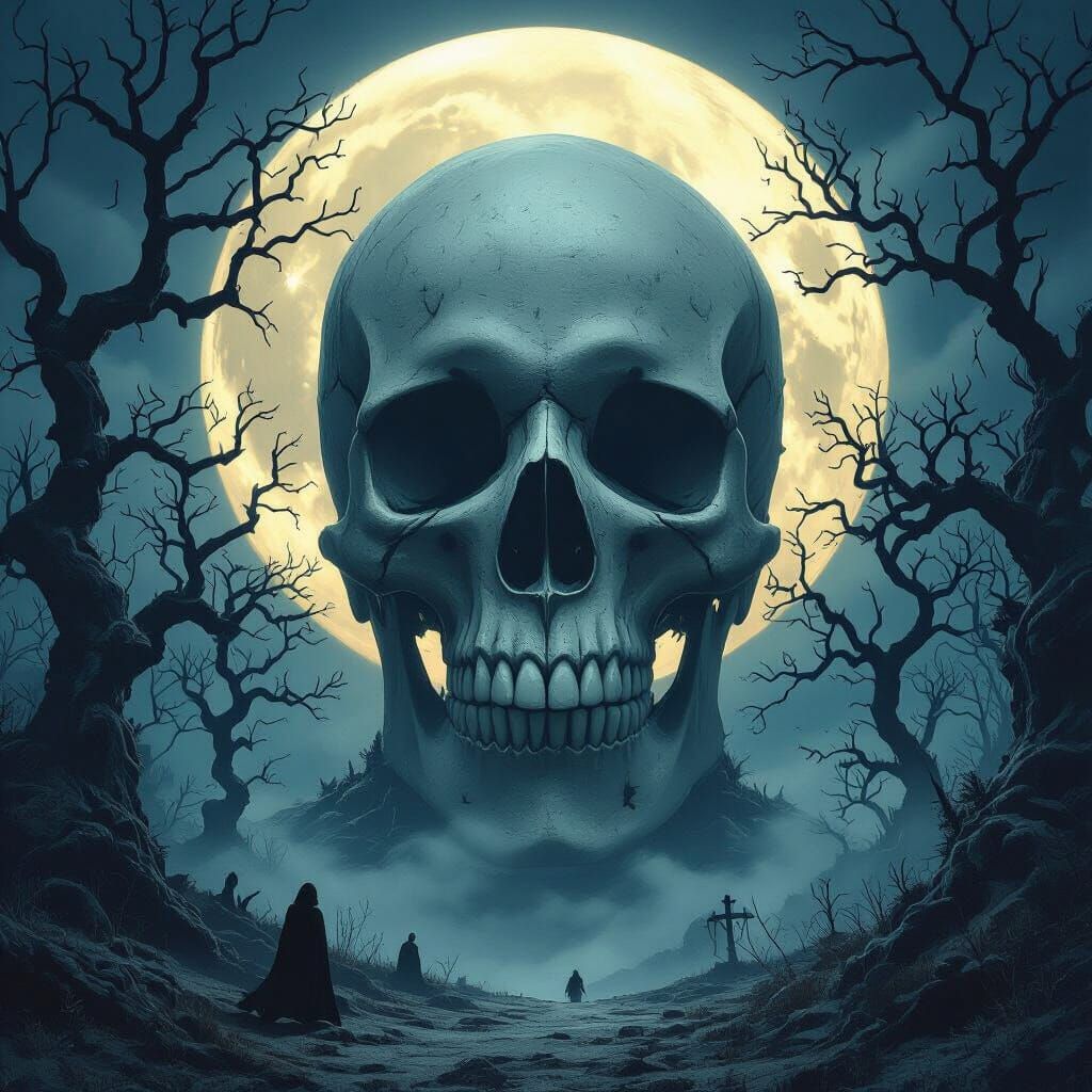 Gothic Skull Illuminated by Moon in Burton Style
