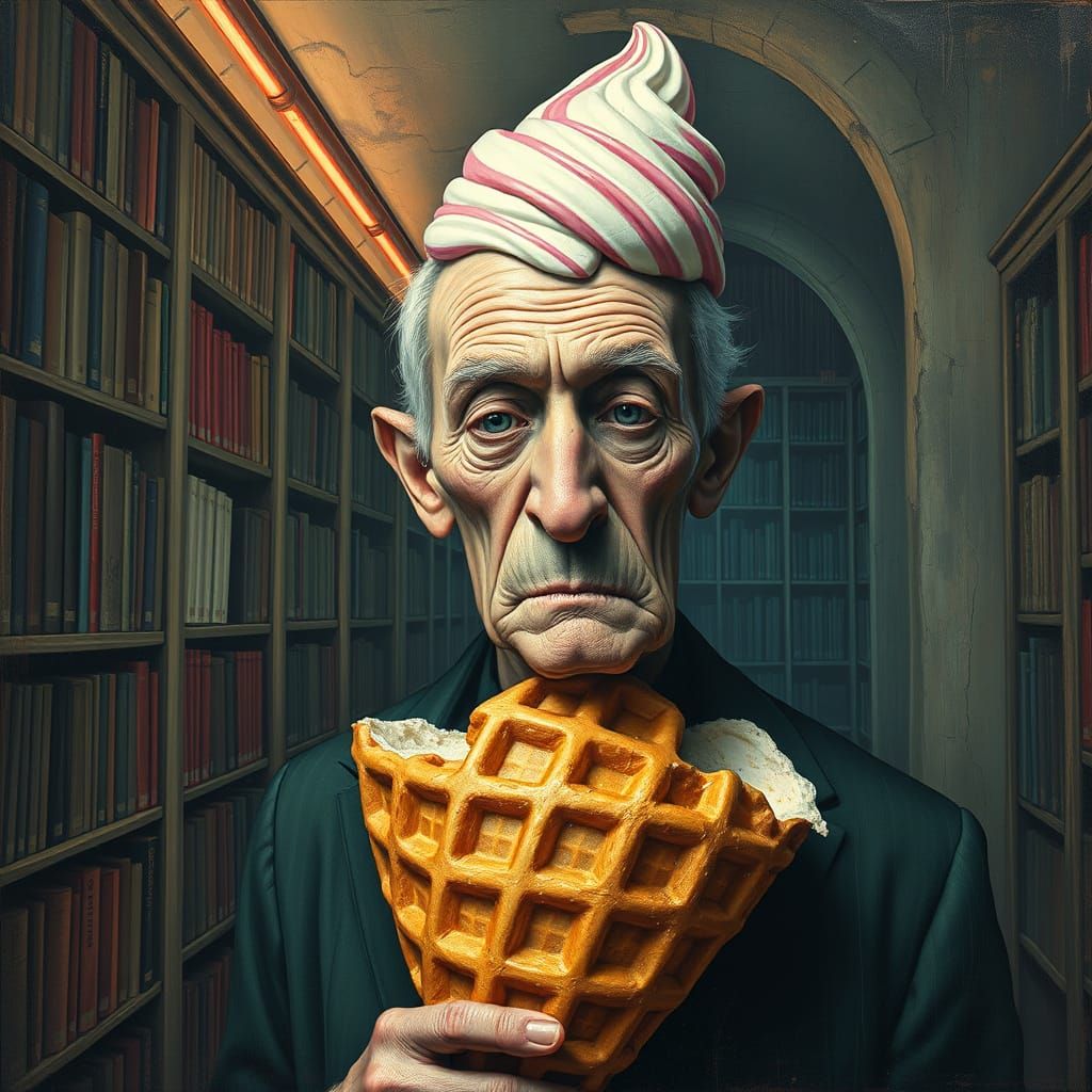 Cryptic Librarian with Ice Cream in Abstract Portrait