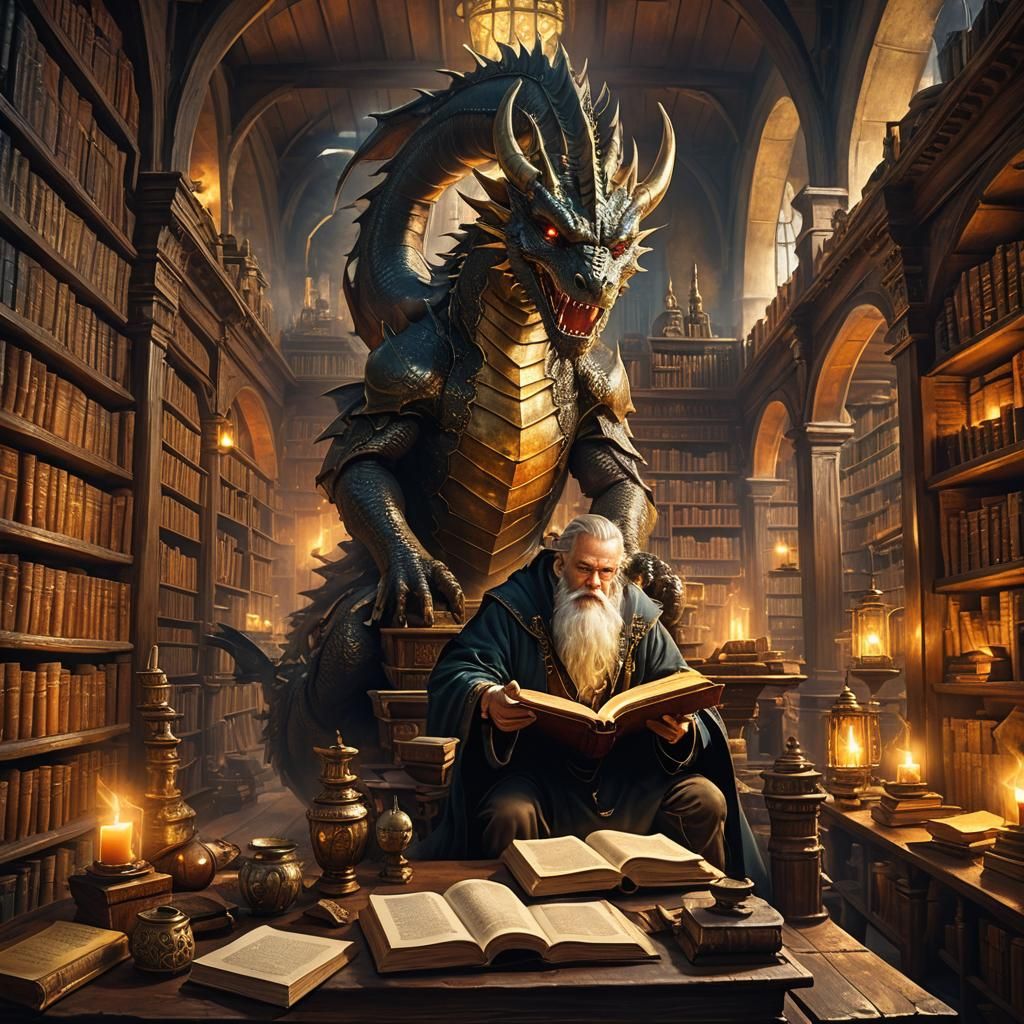 Dragon Wizard in Ancient Book Room, Fantasy Concept Art