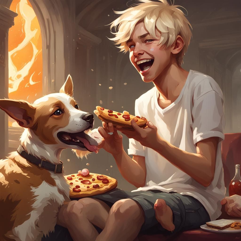 Teen Gamer and Dog Begging, Hyperdetailed Portrait