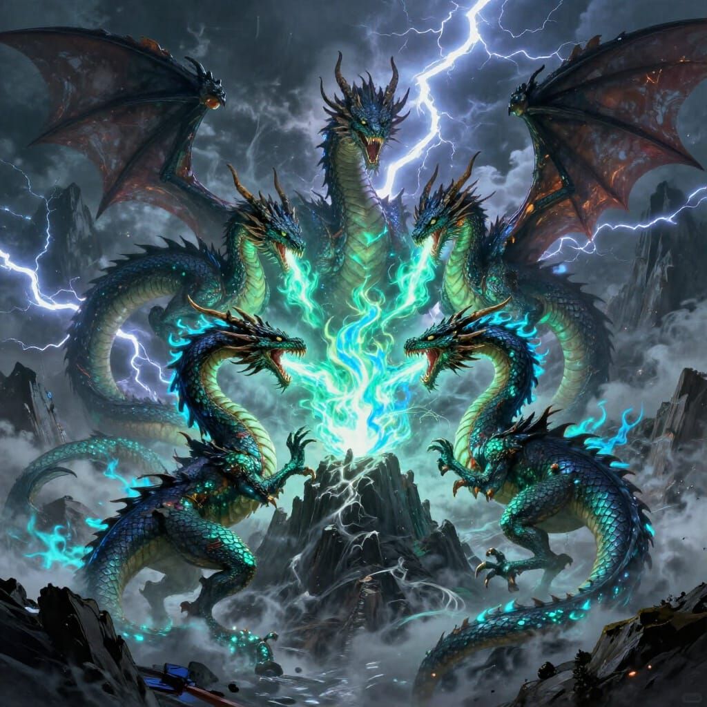 Five Ancient Dragons in Fiery Aerial Combat