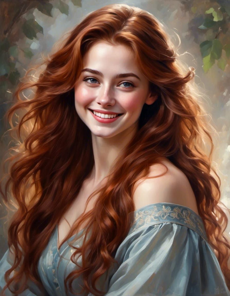 Joyful Auburn-Haired Woman Portrait in Mystical Style
