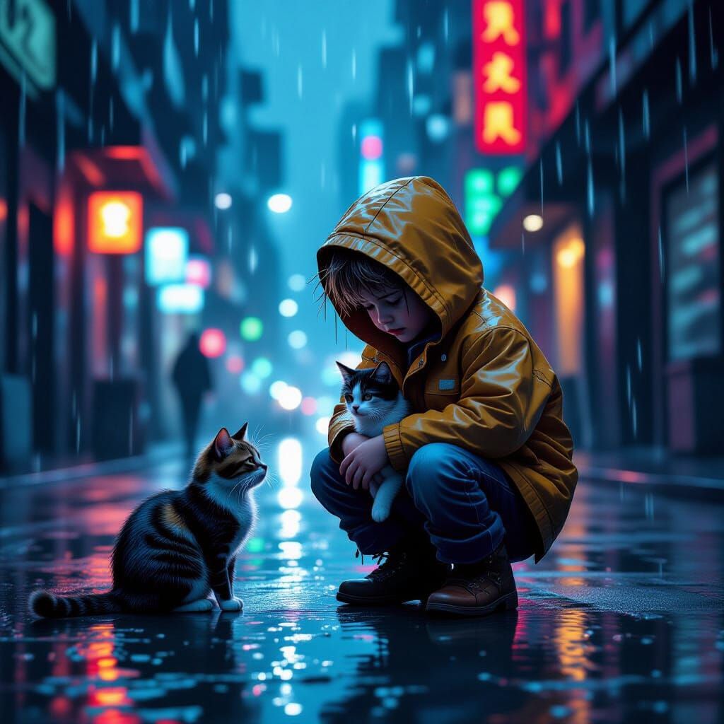 Neon Cityscape: Boy and Cat in the Rain