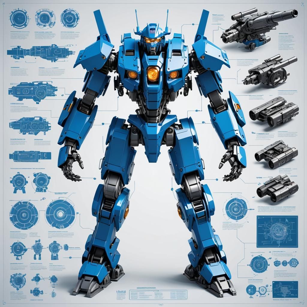 Futuristic Mecha Robot Exploded Blueprint View