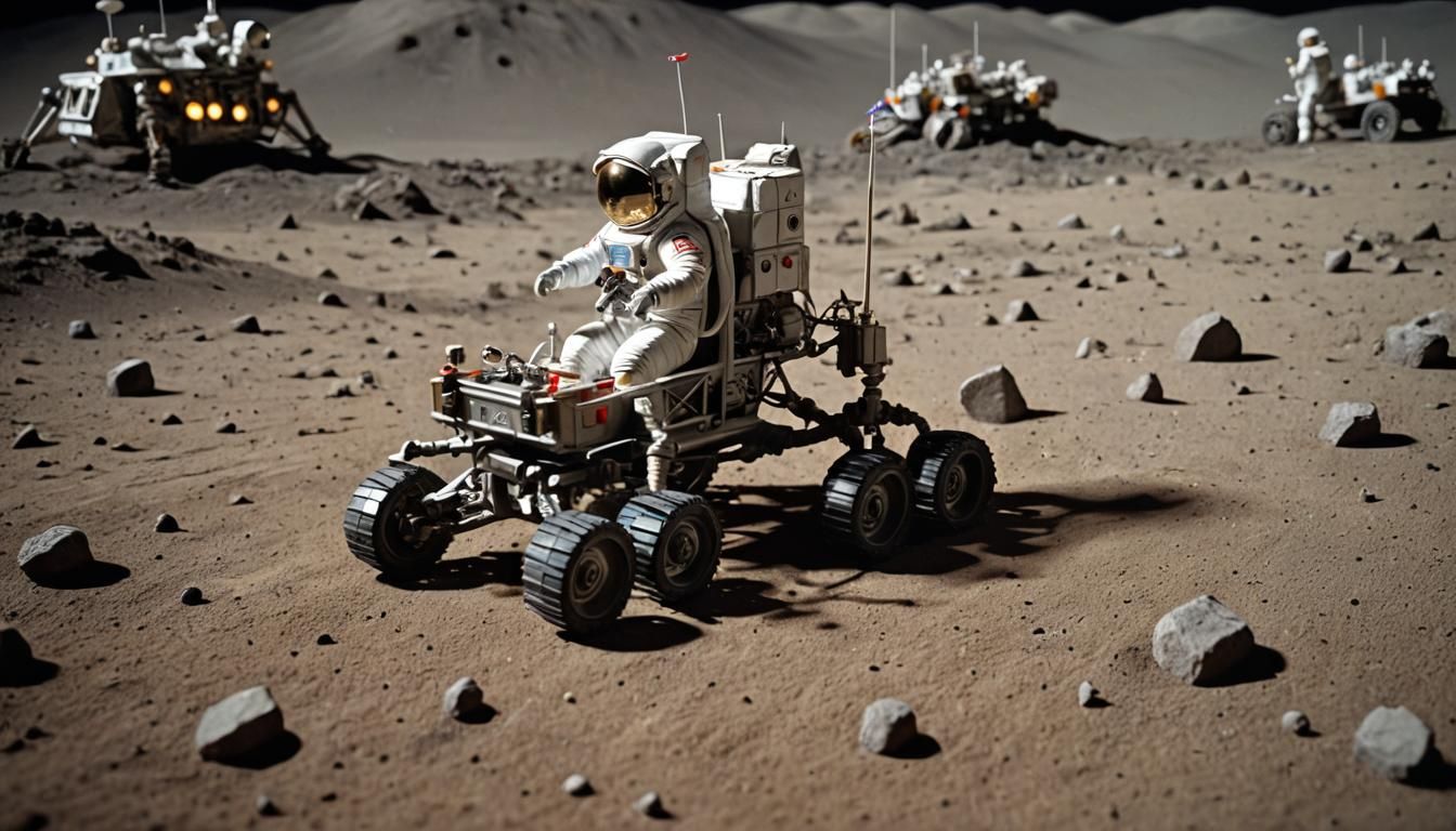 A detailed scene of an astronaut on Apollo lunar rover