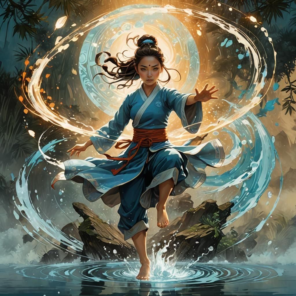 Anime Waterbender Goddess Portrait in Watercolor Style