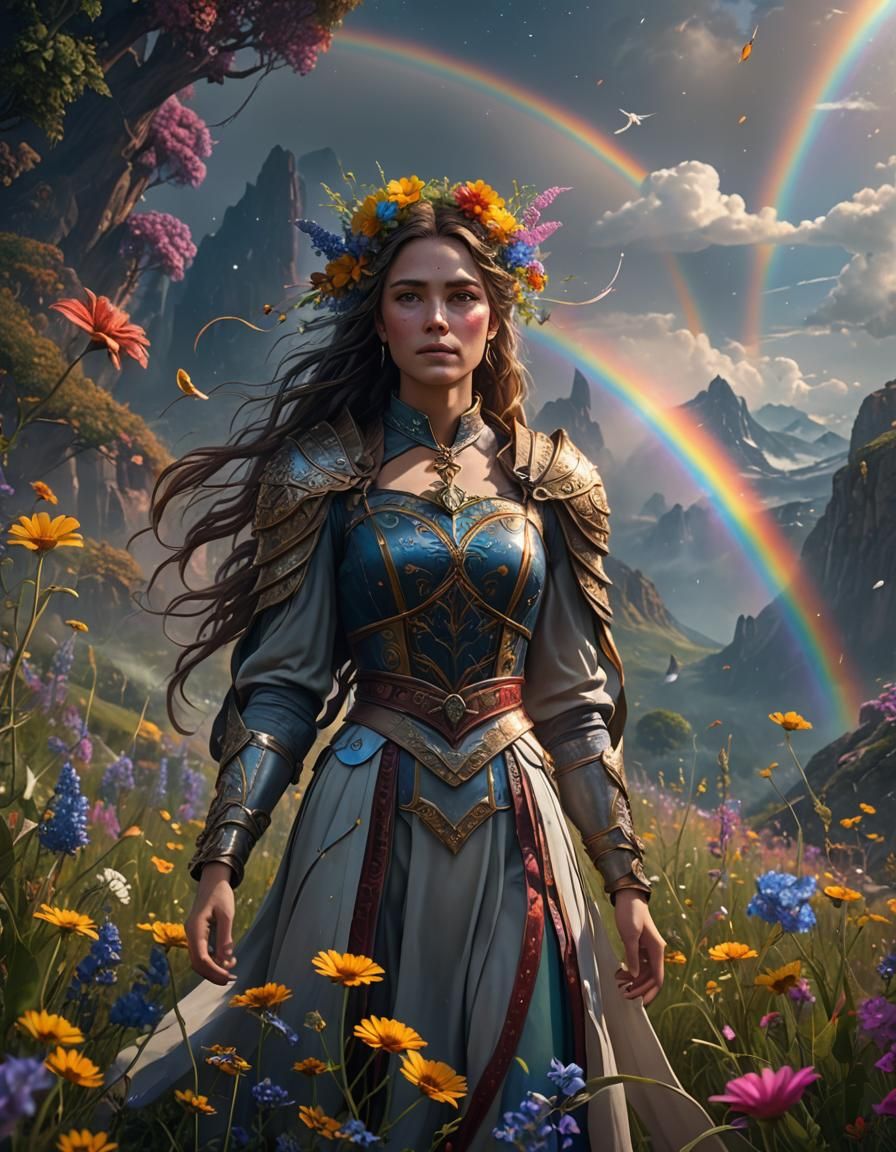 Magical Woman with Rainbows and Wildflowers