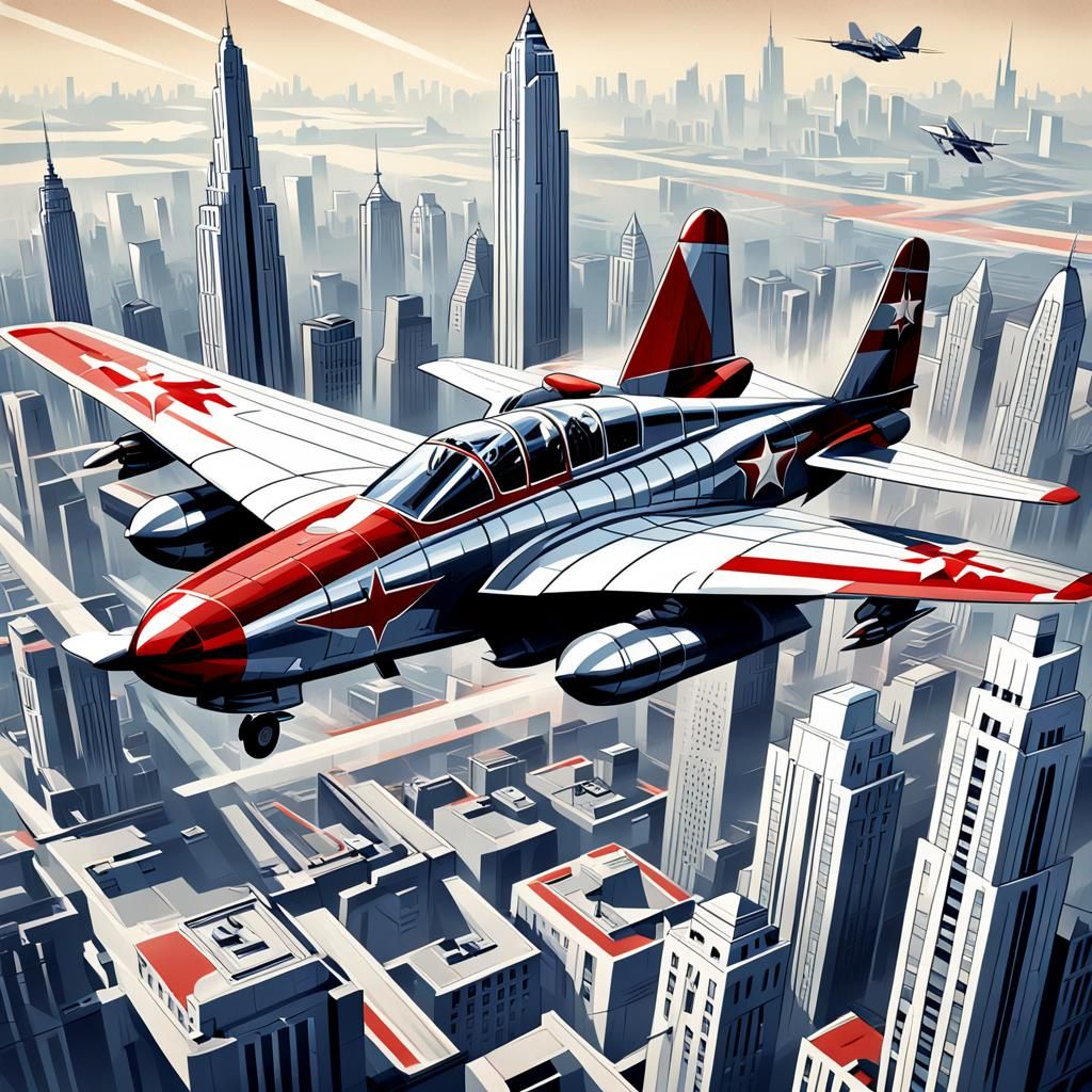 Art Deco WWII Propaganda Poster with Fighter Jet