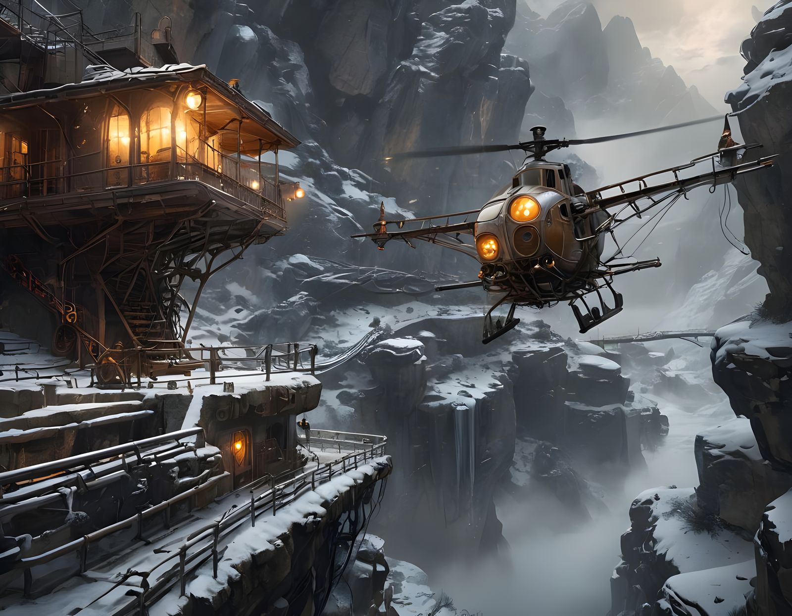 Steampunk Cabin Flies Through Snowy Mountain Gorge