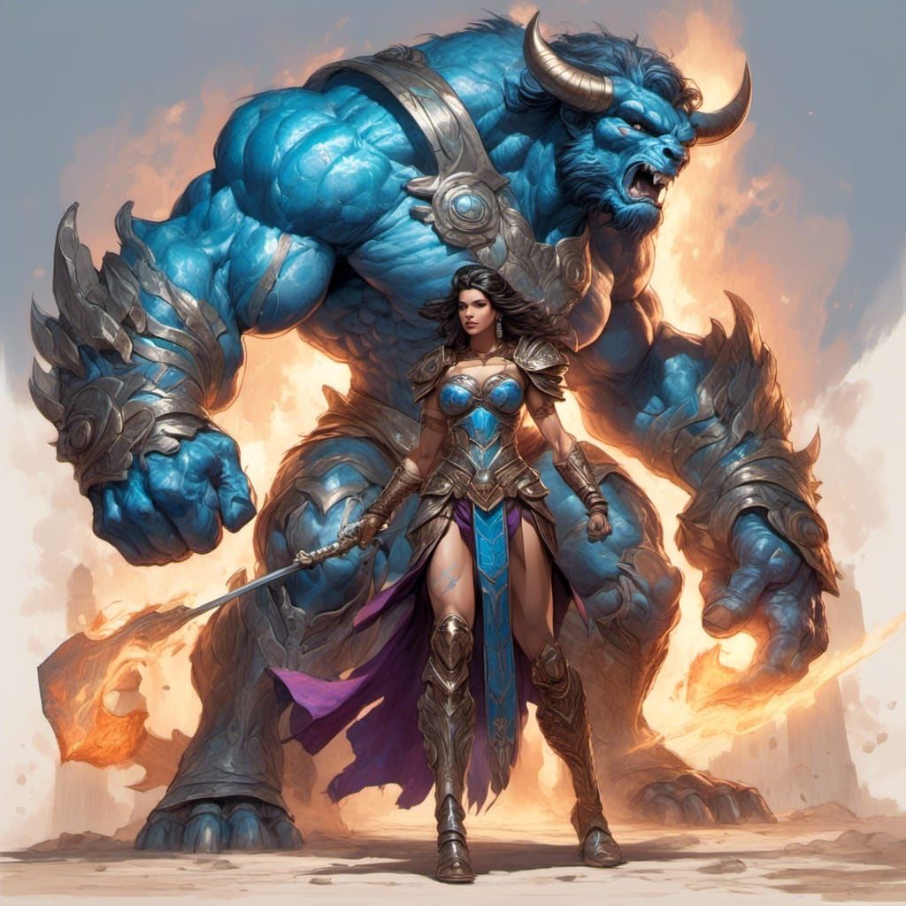 Minotaur, Robot, and Priestess in Gothic Setting