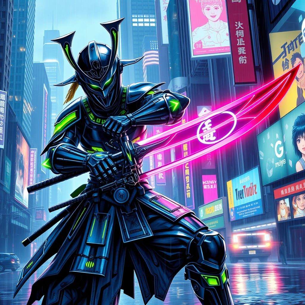 Cyberpunk Samurai Warrior in Neon Cityscape