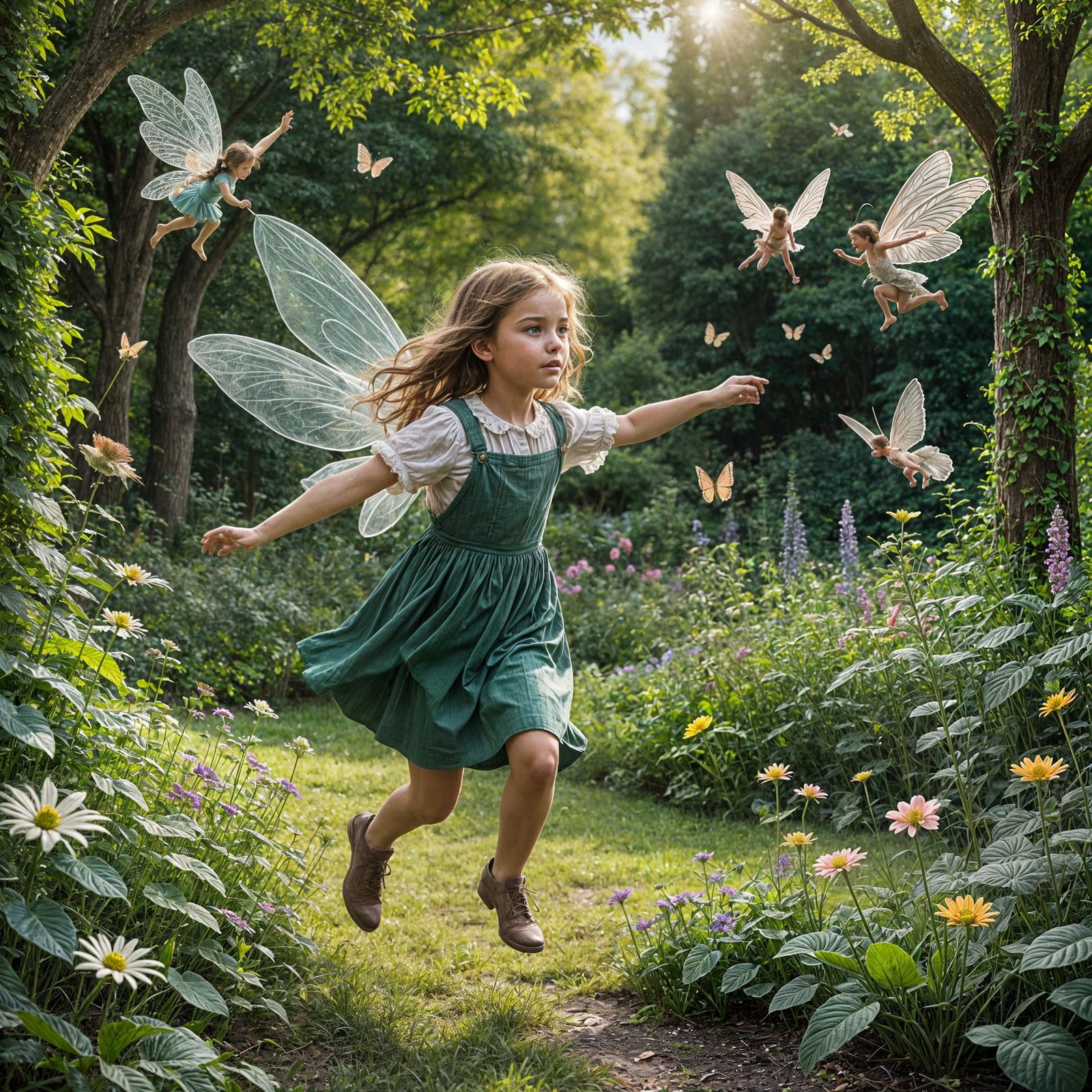 Girl's Enchanting Fairy Chase in Whimsical Garden