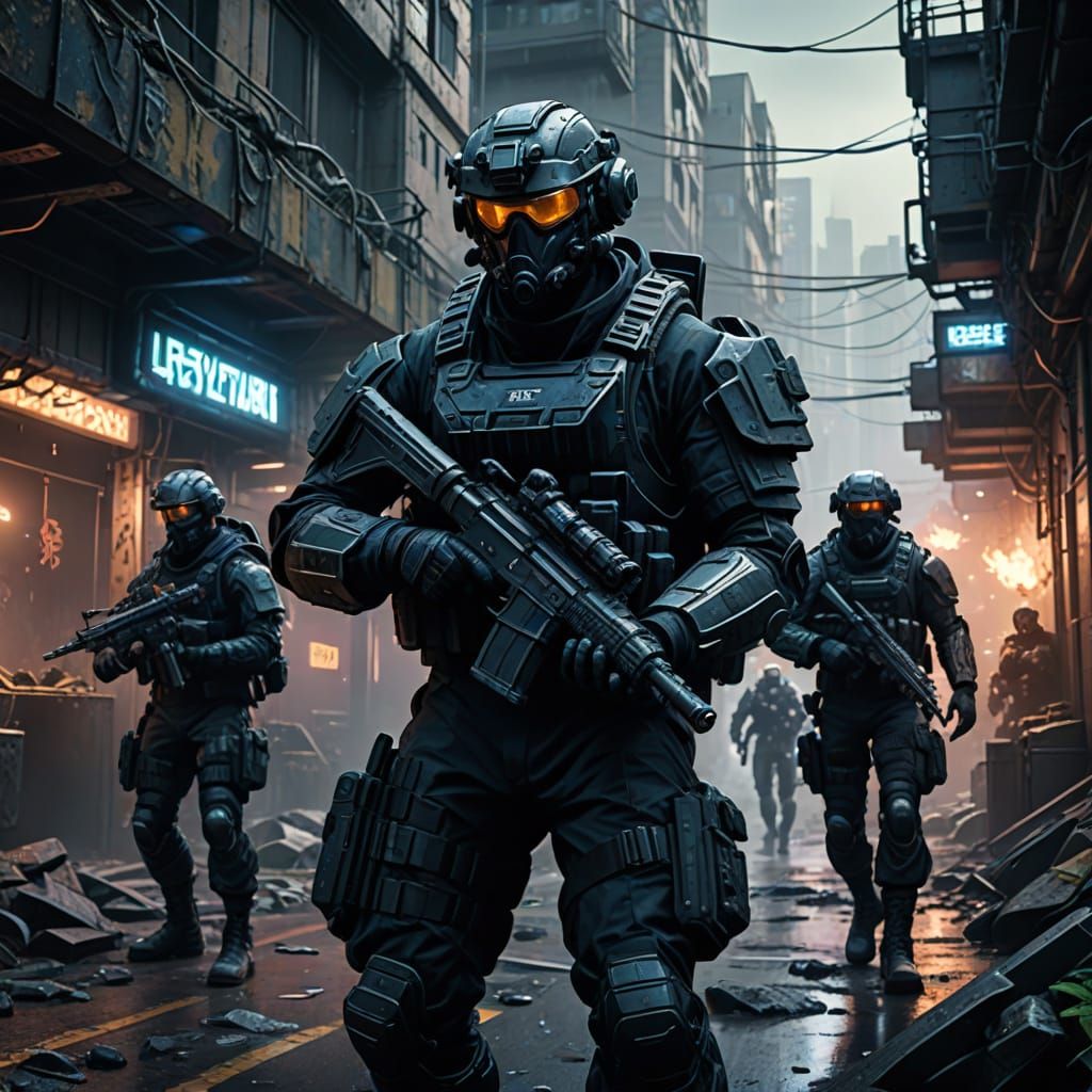 Cyberpunk Special Forces Unit Infiltration Scene in Neon Spl...