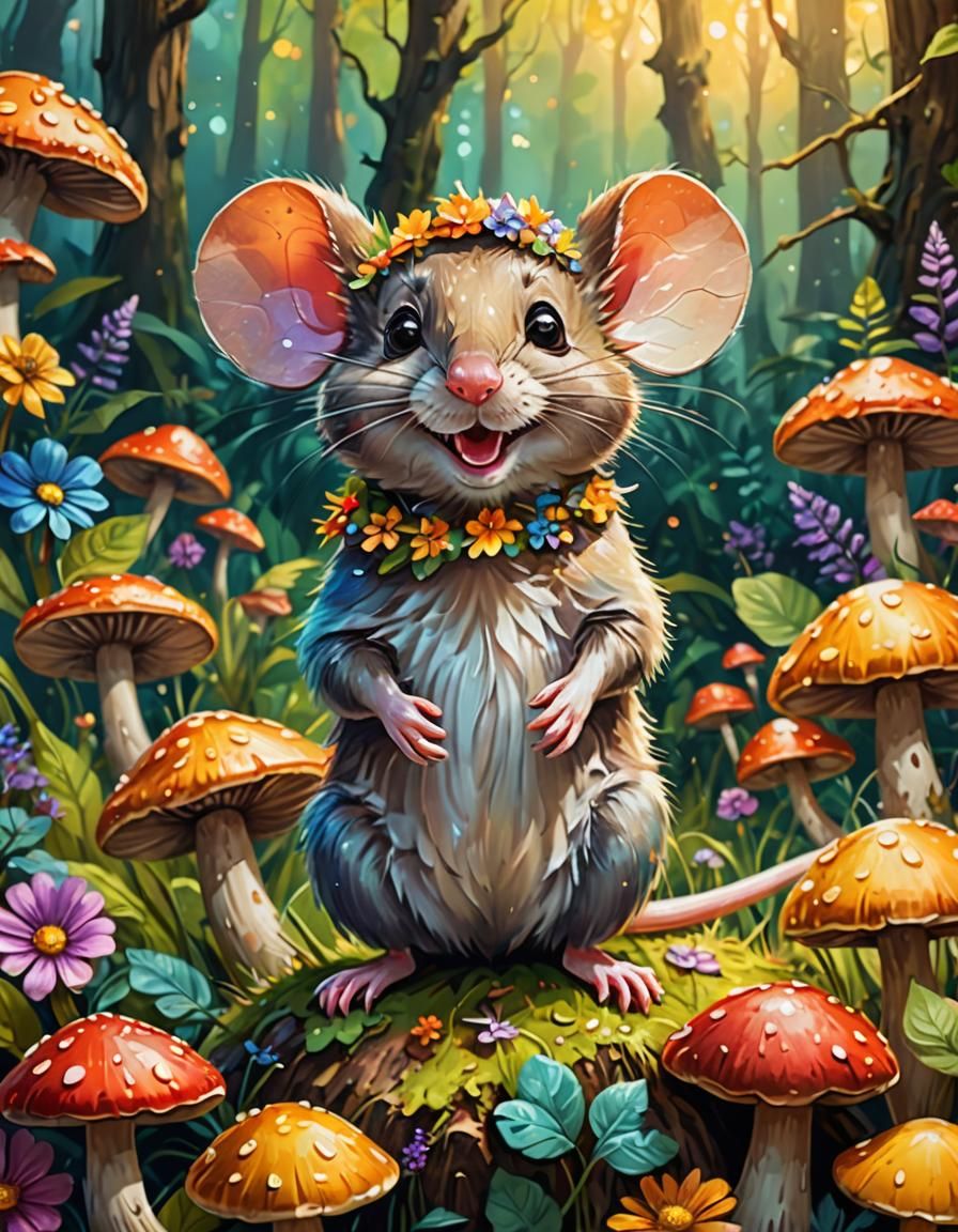 Smiling Mouse on Mushroom in Lush Forest