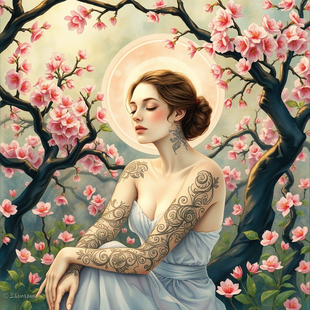 Dreamlike Woman in Cherry Blossom Garden