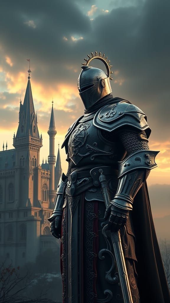 Regal Knight in Futuristic Medieval Castle