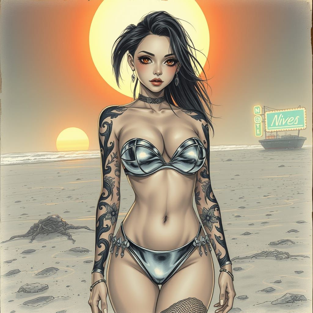 Anime Woman in Chrome Bikini on Cyberpunk Beach