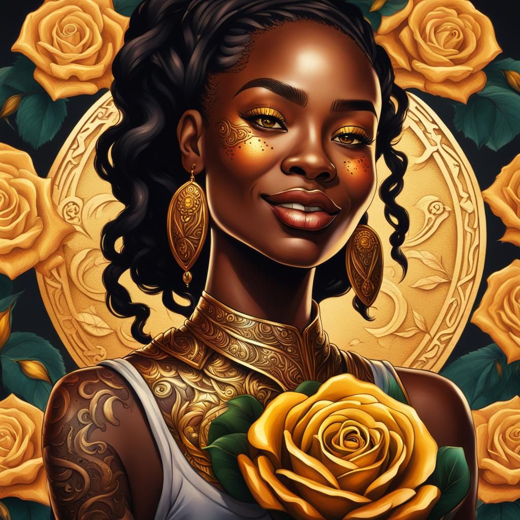 Radiant Warrior: Golden Rose Tattoo Portrait